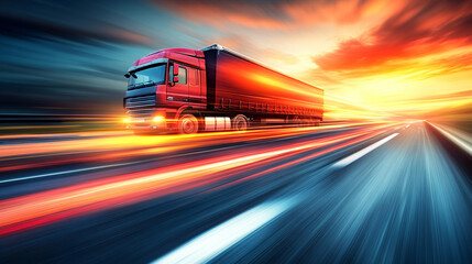Speeding semi truck on a highway, captured in motion blur. Symbolizes fast delivery, logistics, freight transport, and the trucking industry. Dynamic highway scene with caption space on the side.

