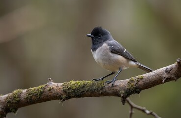 Obraz premium Blackcap male bird, perched on branch. Sylvia atricapilla species. Zwartkop in forest nature habitat. Wildlife animals, spring season. Ornithology theme, avian fauna study.