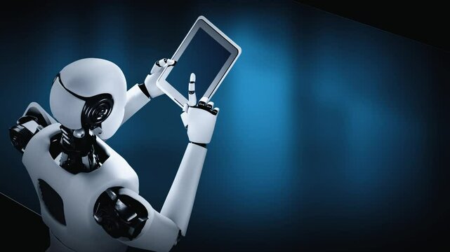 Robot hominoid using tablet computer for big data analytic using AI thinking brain , artificial intelligence and machine learning process for the 4th fourth industrial revolution . 3D rendering.