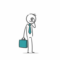 Stick figure man facepalming while holding a briefcase in frustration  