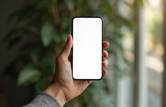 Hand holding phone 15 Pro mockup with white screen. Minimalistic design, editorial aesthetic. Showcase app, website digital content. Mockup for social media business use. Modern tech gadget.