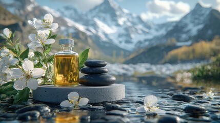 A bottle of essence nestled amongst blossoms and stones by a tranquil stream.