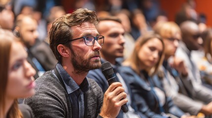 Multiethnic male technology conference attendee using microphone to ask a question regarding the demonstration of an innovative device while seated in the audience