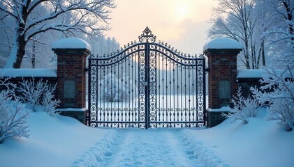 Silhouetted Metal Gates in a Frozen Winter Landscape Peaceful Solitude and Quiet Beauty