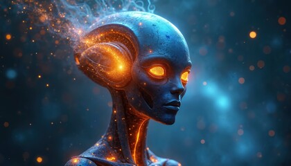 Futuristic alien figure with glowing blue and orange features. Digital galaxy background with sparkles. Alien portrait, sci-fi art with technology, AI, cyber, space and digital art style.