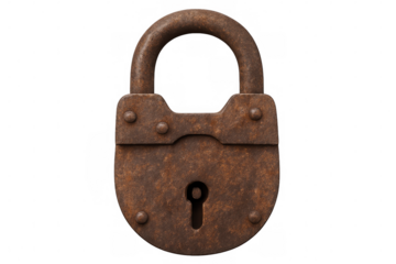 Weathered rusty padlock lying against transparent surface, representing vintage security and guarded privacy