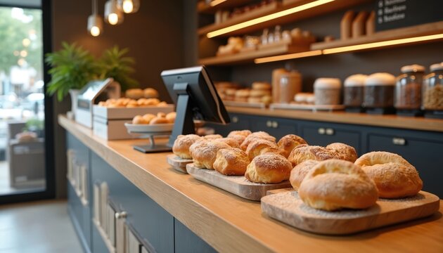 Bakery counter with fresh baked goods and modern POS system. Wooden countertop display with bread, pastry on sale. Modern cafe interior design. Business retail commerce food concept.