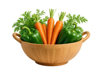 Fresh and Vibrant Green Bell Peppers and Carrots in a Wooden Bowl, Perfect for Healthy Cooking and Recipes, Isolated on Transparent and White Background