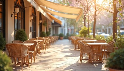 Fototapeta premium Charming outdoor cafe terrace with wicker furniture in urban setting during spring. Cafe tables, chairs stand ready for customers. Sunlight, green plants, trees create cozy atmosphere. Stylish,