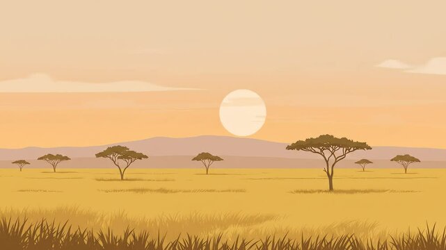 Savannah scenery with scattered trees grass distant hills and a sunset sky