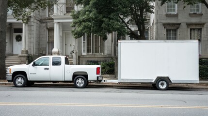 Fototapeta premium White pickup truck and large utility trailer parked on residential city street. Copy space image. Place for adding text