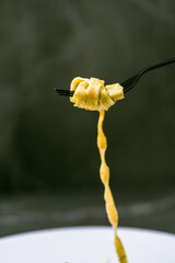 Fork with taljetel or spaghetti on a dark background