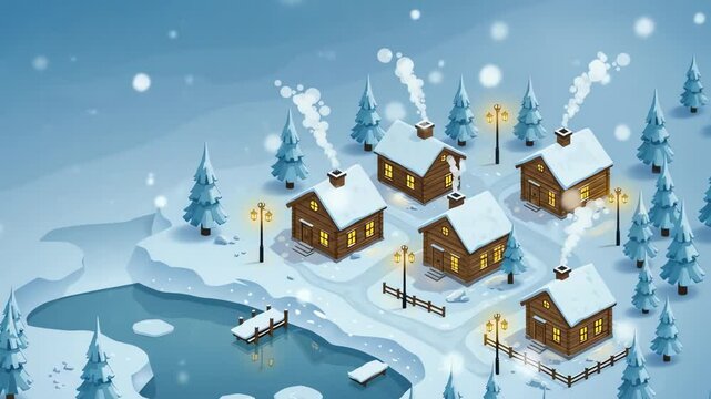 Snowy village featuring log cabins with lit windows pine trees and a frozen pond in a wintery landscape
