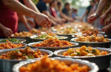 Multicultural neighborhood potluck. People reach out, serving various dishes from different cuisines. Community gathering sharing homemade food, cooking, celebrating diversity. Social event with