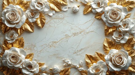 Obraz premium Ornate white roses with gold leaf details on a marble background.