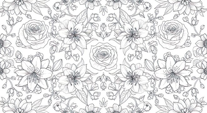 Intricate floral pattern in black and white, designed for adult coloring books or decorative textile illustrations.