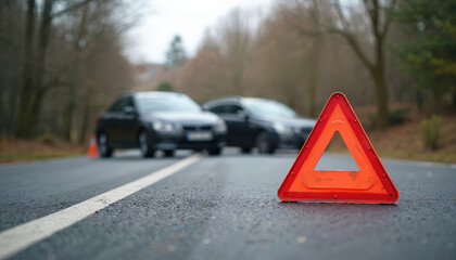Emergency stop sign on asphalt road. Two cars blurred background after collision. Car accident, road safety, caution, danger. Traffic incident on street, vehicle breakdown.
