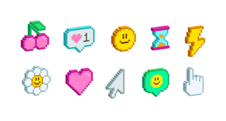 3D graphics icons in 90's Pixel art aesthetics. Simple pixel geometrics shapes. Retro 8-bit game icons set of: cursor, chat message, face smile, emoticon, heart, etc.  Editable vector in 3D style 