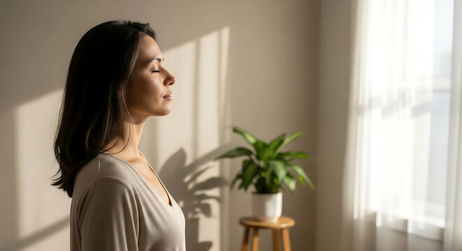 Woman in quiet contemplation in a sunlit room