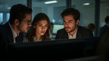 A team of professionals having a serious discussion while staring at a monitor screen in a modern office space,person,work,team