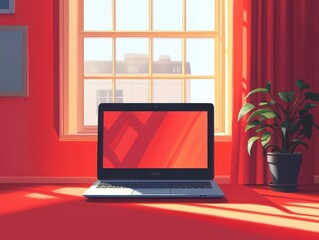 Fototapeta premium Laptop on a Red Table in Brightly Lit Room with Plant and Curtains Enhancing the Warm Ambiance, Featuring Sunlight Streaming Through a Large Window