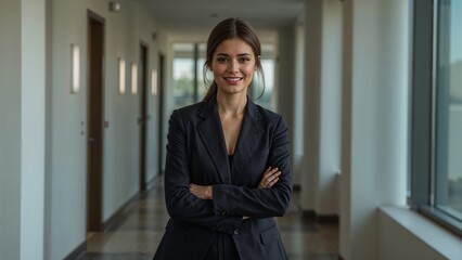 Professional woman standing confidently in office corridor with arms crossed and smiling,success,standing,worker
