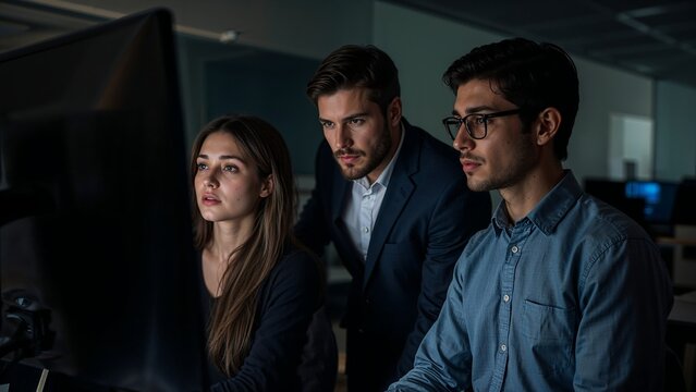 A team of professionals having a serious discussion while staring at a monitor screen in a modern office space,indoor,group,people