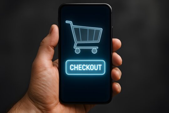 Capturing the essence of modern shopping, a hand securely grasps a smartphone. The screen vividly displays a shopping cart icon and a "CHECKOUT" button, symbolizing convenience and innovation.