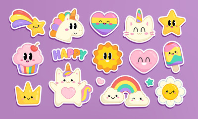 Fototapeta premium Funny kawaii emoticons in pastel colors. Cute sticker pack of baby kitten, inicorn, rainbow, cupcakes and ice cream, happy characters. Hand drawn Cartoon style Happy Birthday stickers. Editable vector
