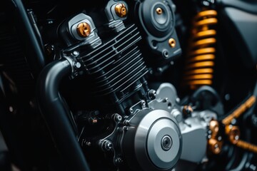 Fototapeta premium Close-up of a motorcycle engine showcasing metallic parts, bolts, and an orange coil spring with sharp detail and dynamic lighting.