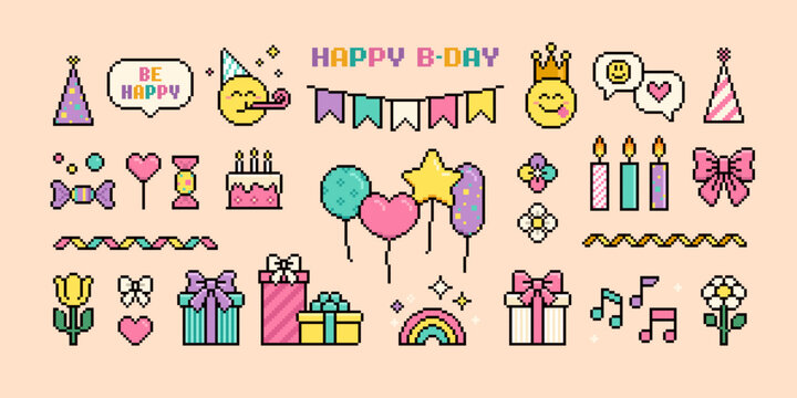 Pixel art Happy Birthday items and icons collection of present box, gifts, holiday cake, balloons. Birthday party icons in 90's aesthetic. Cute pixel holiday stickers. 8-bit game style icons in vector
