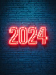 Number 2024, a flickering red neon sign illuminates a vibrant blue wall, happy new year future is coming. Text copy space layout for greeting card or nice wishes.