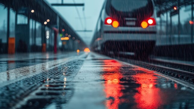 A train arrives at a rainy station platform, with vibrant reflections of lights shimmering on the wet surface.