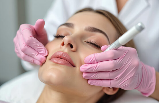Cosmetology procedure. Young woman gets facial treatment, lip augmentation. Doctor hands in pink gloves. Modern aesthetic cosmetology, skincare. Beauty clinic procedure for rejuvenating, improving - Powered by Adobe