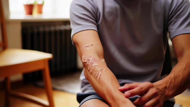 Young man examining arm scars while seated in sunlit room