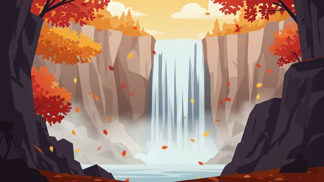 Waterfall plunges into a lake framed by cliffs and trees with autumn foliage