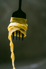 Fork with taljetel or spaghetti on a dark background
