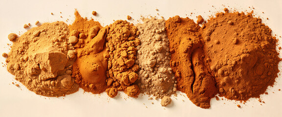 Variety of colorful spices arranged in a line on a white background  