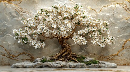 Ornate bonsai tree with delicate blossoms against a stone backdrop.