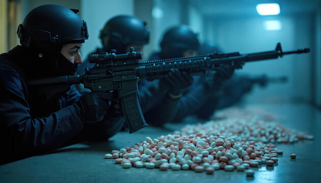 Armed law enforcement agents in tactical gear during drug raid. Agents aim weapons towards pile of pills, evidence of illegal substances seized during criminal investigation. Crime scene indoor shot.