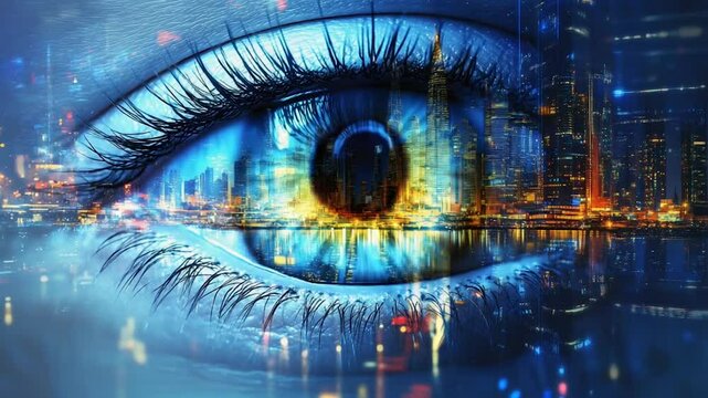 Close-up of human eye reflecting cityscape blending urban life and digital technology