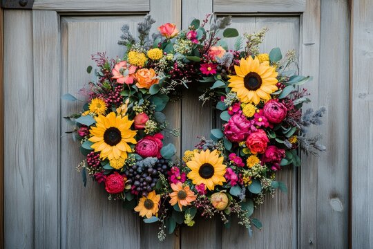 Floral Wreath on a Wooden Door, Featuring Sunflowers and Vibrant Blossoms for Home Decor