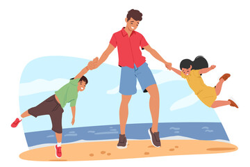 Happy father playing with children at sandy beach during summer holiday vacation cartoon scene