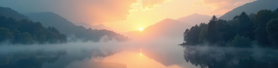 Abstract sunbeams pierce fog over serene lake, trees silhouetted , woods, outdoor, landscape