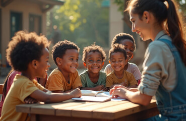 Volunteers providing educational support, tutoring underprivileged children. Group of happy smiling kids studying with teacher outside at table, learning, reading, discussing school book. Education,