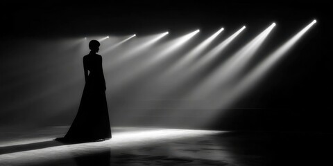 Black and White Fashion Model Walking on Runway Under Spotlights