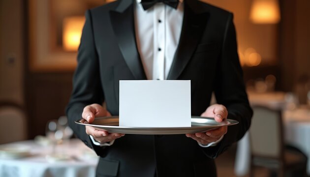 Elegant waiter presents blank card on silver tray. Upscale restaurant setting, evening service, formal attire. Perfect advertising space, message placement. Hospitality industry service, fine dining,