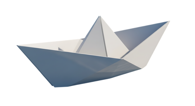Geometric white paper boat folded from a single sheet of paper isolated on transparent background