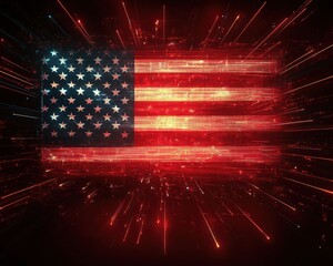 Digital American flag exploding with glowing lines