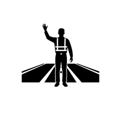 Airport marshaller signaling with wands on runway background  